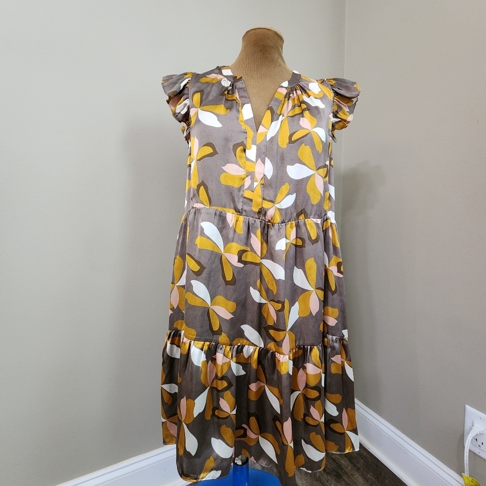 Mittoshop Floral Ruffle Sleeve Dress Tiered Mini Mocha Size S